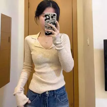 Polo French Style Tight Waist Knitting Chic Top Shirt Apricot S(Suggested 37.50 kg-45.00 kg)