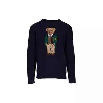 Polo Ralph Lauren Bear Pattern Embroidered Круглый вырез Длинный рукав Трикотажный свитер Мужской свитер Темно-синий 710759496-001 S