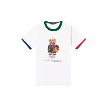 Polo Ralph Lauren Color Block Collar Bear Print Футболка с коротким рукавом для мужчин, топы, белая 710872321-001 XL