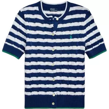 Polo Ralph Lauren Color Block Striped Fitted A-Neck Short Sleeve Knit Top Women tops Blue WMPOSWENDW20258-400 S