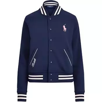 Polo Ralph Lauren FW22 Pink Pony Series Полосатая однобортная бейсбольная куртка с вышитым контрастным логотипом Женская куртка темно-синяя WMPOOTWN6020147-410 S