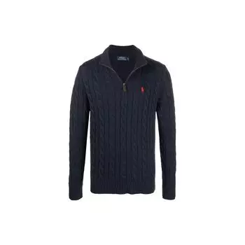 Polo Ralph Lauren FW22 сплошной логотип вышитый косами вязаный свитер на молнии мужской свитер темно-синий 710810841-001 XS