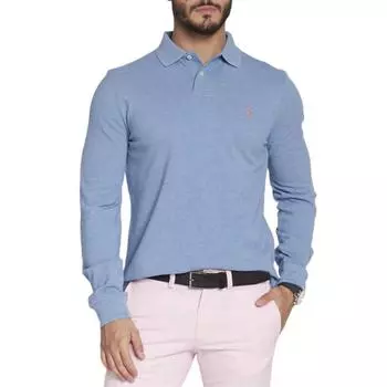 Polo Ralph Lauren FW23 Поло с длинным рукавом с вышитым логотипом пони Мужские топы Светло-голубой 710680790013