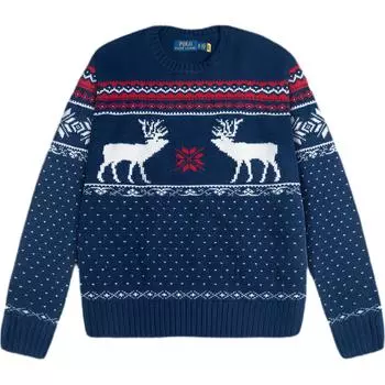 Polo Ralph Lauren FW23 Рождественский узор оленей шерстяной свитер с круглым вырезом мужской свитер темно-синий 710858358-001 XS