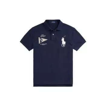 Polo Ralph Lauren FW23 Узор Вышитый Хлопок Рубашка Поло с Коротким Рукавом Мужские Топы Темно-Синий 710910565-001 XL