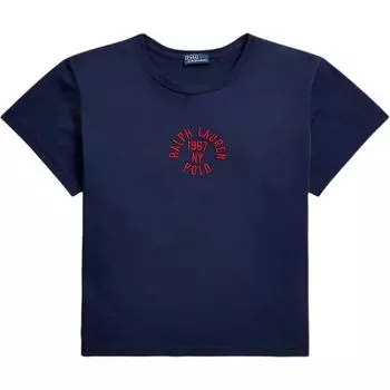 Polo Ralph Lauren Хлопковый однотонный трикотаж Приталенная футболка с микрологотипом и вышивкой, с круглым вырезом, обычная, женский топ Темно-синий WMPOKNINCU21130-410 XS