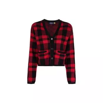 Polo Ralph Lauren Logo Print Plaid Long Sleeve Wool Sweeper Womens sweater Red 211847015-001 XS
