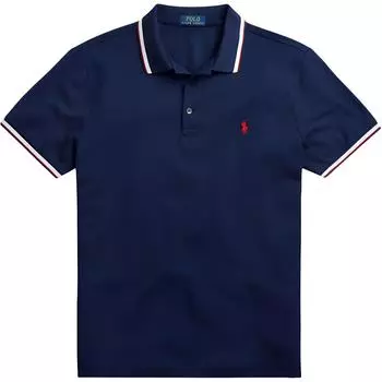 Polo Ralph Lauren Logo Вышитый Полосатый Отделка Приталенная Рубашка Поло с Коротким Рукавом Мужские Рубашки Поло Синий 710782636-001 S