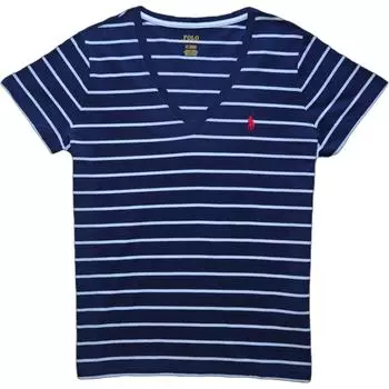 Polo Ralph Lauren Logo Вышитый Полосатый V-образный вырез Короткий рукав Футболка Женские Футболки Темно-Синий 211698035-031 XS