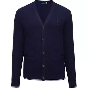 Polo Ralph Lauren Logo Вышитый V-образный вырез однобортный длинный рукав вязаный свитер мужской свитер темно-синий 710941095-001 M