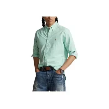 Polo Ralph Lauren Однотонная рубашка поло с вышитым воротником-поло и однобортным длинным рукавом, мужские рубашки, зеленая 710791374-025 XS