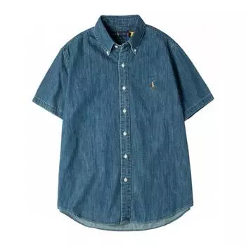 Polo Ralph Lauren Однотонная рубашка-поло с вышивкой логотипа, джинсовая рубашка с коротким рукавом, мужская, синяя 710945519-002 S