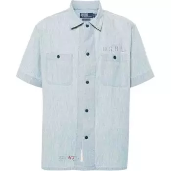 Polo Ralph Lauren Однотонная рубашка с накладным карманом и буквенной нашивкой, однобортная, с коротким рукавом, мужская, рубашки, светло-голубая 710934285-001 M
