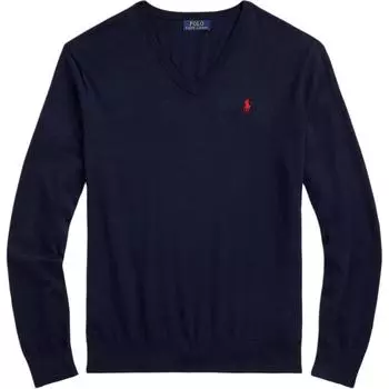 Polo Ralph Lauren однотонный хлопковый трикотажный свитер с V-образным вырезом и длинными рукавами, классический крой, мужской свитер темно-синего цвета 710890561001 S