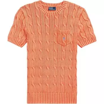 Polo Ralph Lauren Однотонный свитер с круглым вырезом, вышитым логотипом, кабельной вязки, с коротким рукавом, женский топ, оранжевый 211910987-016 L