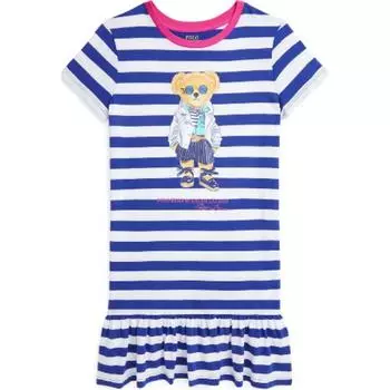 Polo Ralph Lauren Платье Детское Полосатое Мультяшное Аниме Узор Круглый вырез Короткий рукав Короткое Детское Платье Синее Белое 313926019-001 XL