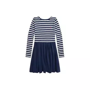 Polo Ralph Lauren Платье с логотипом, полосатым круглым вырезом, средней длины, с длинным рукавом, детские платья, цвет темно-синий 313890249-002 L