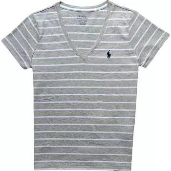 Polo Ralph Lauren Полосатый логотип Вышитый V-образный вырез Пуловер короткий рукав Футболка Женские футболки Серый 211698035-033 L