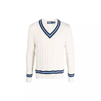 Polo Ralph Lauren Полосатый пуловер с V-образным вырезом А-силуэта с длинными рукавами Вязаный свитер Мужской свитер Белый 710899221-001 L