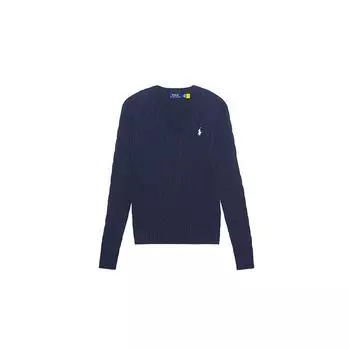 Polo Ralph Lauren Solid Logo Вышитый V-образный вырез Трикотажный свитер Женский свитер Темно-синий 211570011-011 XS