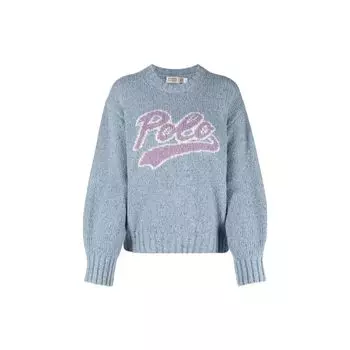 Polo Ralph Lauren Ss22 Круглый вырез Вязаный логотип Жаккардовый Прямой шерстяной свитер Женский свитер Синий Серый 211872814-001 XL
