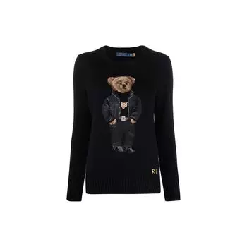 Polo Ralph Lauren SS22 мультяшный плюшевый мишка узор жаккардовый круглый вырез пуловер повседневный длинный рукав женский свитер черный 211857294-001 XS