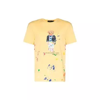 Polo Ralph Lauren Ss22 Paint Splash Effect Bear Logo Printed Court Neck Short Sleeve T Shirt Men T Shirts Yellow 710858031-002 M