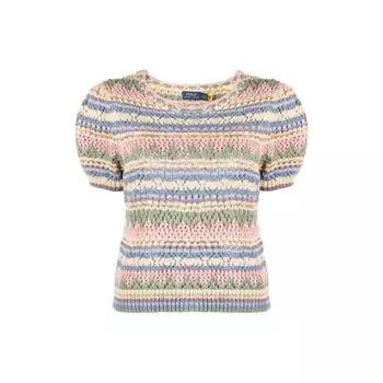 Polo Ralph Lauren SS22 Полосатый сетчатый трикотажный свитер с коротким рукавом, женские топы, розовый 211872825-001 M