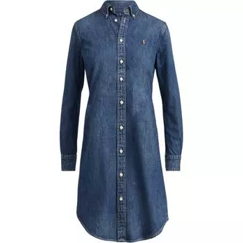 Polo Ralph Lauren Ss22 Pony вышитое платье на пуговицах с длинным рукавом женские платья синее 211763630-001 XS