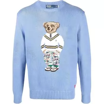 Polo Ralph Lauren SS23 мультяшный медведь вышитый круглый вырез длинный рукав свитер мужской свитер синий 710899222-001 M