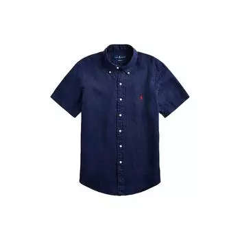 Polo Ralph Lauren Ss23 Однотонная однобортная рубашка с длинным рукавом и вышитым логотипом Мужские рубашки синего цвета 710866964-001 M
