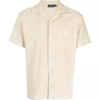 Polo Ralph Lauren Ss23 Однотонная однобортная рубашка с коротким рукавом и вышитым логотипом, мужские рубашки бежевого цвета 710899170-003 M