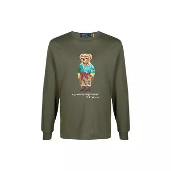 Polo Ralph Lauren SS23 Teddy Bear Pattern Printed Crew Neck Long Sleeve T Shirt Men Tops Green 710891152-001 XL