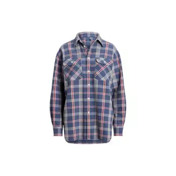 Polo Ralph Lauren SS24 клетчатый принт заостренный воротник однобортная повседневная рубашка с длинным рукавом женские рубашки темно-синие 211925087-001 S