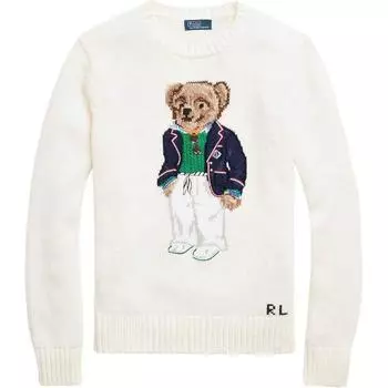 Polo Ralph Lauren SS24 Медведь вышитый ребристый круглый вырез длинный рукав вязаный свитер женский свитер белый 211924417-001 L