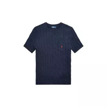 Polo Ralph Lauren SS24 однотонный вышитый логотип с косами, облегающий свитер с коротким рукавом, женский свитер Hunter-Navy WMPOSWENC020882-400 XS