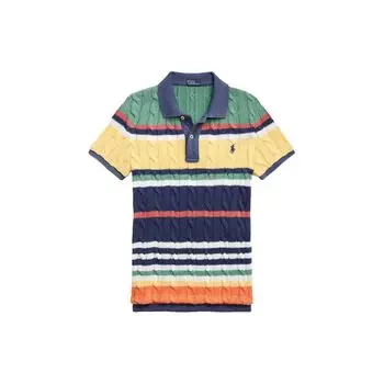 Polo Ralph Lauren SS24 Полосатая вязаная косами футболка-поло с вышитым логотипом с коротким рукавом, женские топы, многоцветные WMPOKNINB920158-400 S