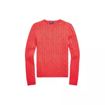 Polo Ralph Lauren SS24 Solid Slim Fit Cable Knit Crew Neck Long Sleeves Sweeper Women sweater Bright-Hibiscus WMPOSWENC020890-600 XS