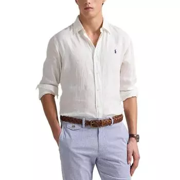 Polo Ralph Lauren Ss25 Рубашка с длинным рукавом из хлопка и льна с вышивкой логотипа Pony Мужские рубашки Белый 710975540-001 L