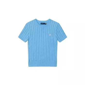 Polo Ralph Lauren SS25 Свитер с вышивкой логотипа пони, из твидовой вязки, с круглым вырезом и короткими рукавами, женский, синий 211910987-037 L
