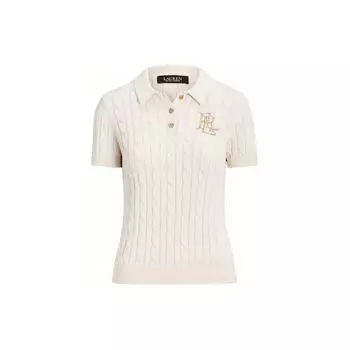 Polo Ralph Lauren Свитер крупной вязки с вышивкой буквы Воротник поло Короткий рукав Приталенный силуэт Рубашка поло Женские топы Молочно-белый WMLRSWESN820-103