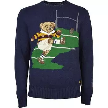 Polo Ralph Lauren Свитер мужской трикотажный с длинным рукавом и круглым вырезом, с вышивкой Rugby Bear, темно-синий 710816351-001 XS