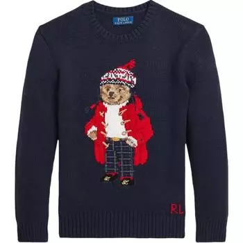 Polo Ralph Lauren Вязаный свитер Принт с буквами и животными Вышивка Круглый вырез Пуловер Длинный рукав Детские свитера Темно-синий 323951416-001 L