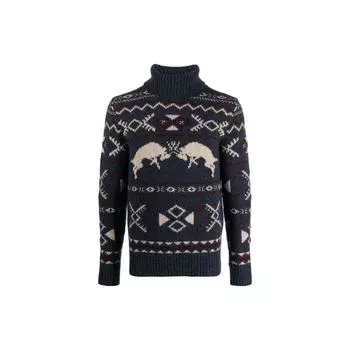Polo Ralph Lauren Животный геометрический узор Вышитый Высокий воротник Повседневный вязаный свитер Мужской свитер Темно-синий 710919618-001 S