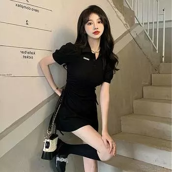 Polo Retro College Style Contrast Color Tight Waist Summer Skirt Black XL (55.00 kg-60.00 kg
