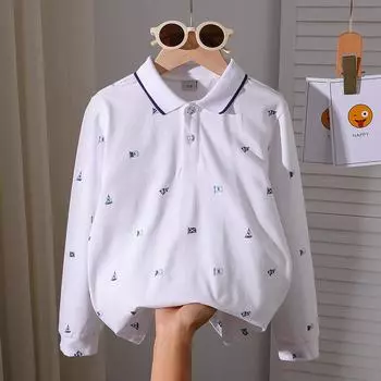 Поло с длинным рукавом из хлопка для мальчиков 5-12 лет, принт, топ для весны-осени, школьная одежда, удобная детская одежда 120