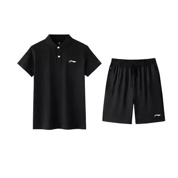 Поло с коротким рукавом однотонное с принтом логотипа Li Ning Простое Универсальное Удобное Шорты Повседневный Спортивный Костюм Унисекс Спортивный Костюм APLV723-1+AKSV843-1 L