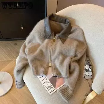 Поло с кожаным воротником и двойной молнией, кардиган, женское вязаное короткое пальто, свитер с длинными рукавами, тонкий ретро-стиль, модная осень-зима S хаки