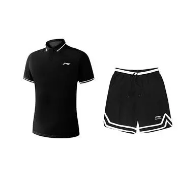 Поло с принтом логотипа Li Ning, быстросохнущее, удобное, модное, с коротким рукавом, повседневный спортивный комплект, унисекс, комплекты, черный YPLU075-3+YAPV001-1 M