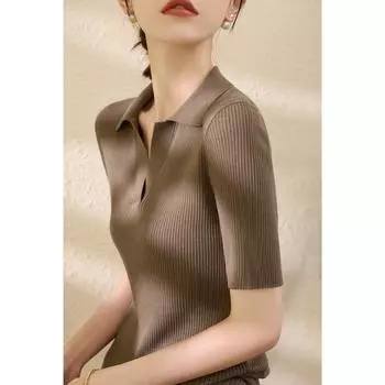 Поло с V-образным вырезом Черная футболка Плечо Ледяной шелк Свитер Light Brown [high quality fabric]] XL